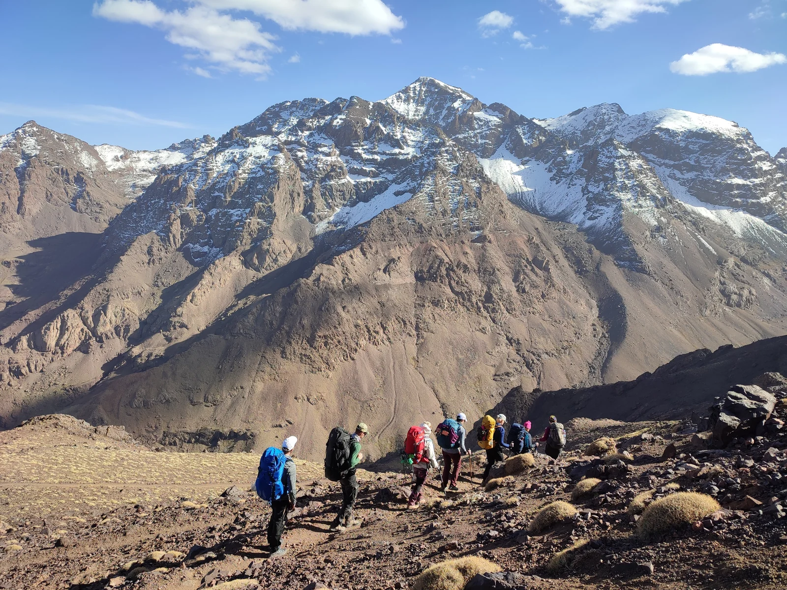 Hikers on a trail in the High Atlas mountains